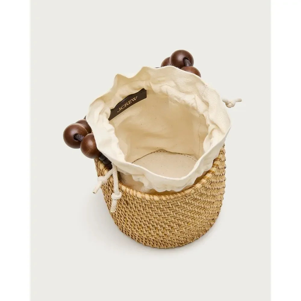 J.Crew Handknotted Rattan Bucket Bag Wood Beaded Top Handle Straw Purse NWOT